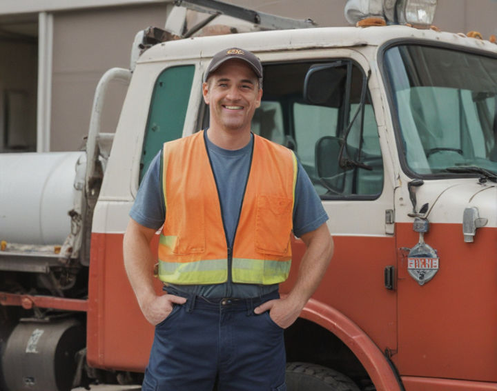 A towtruck driver smiling at the camera while standing beside the door of his towtruck