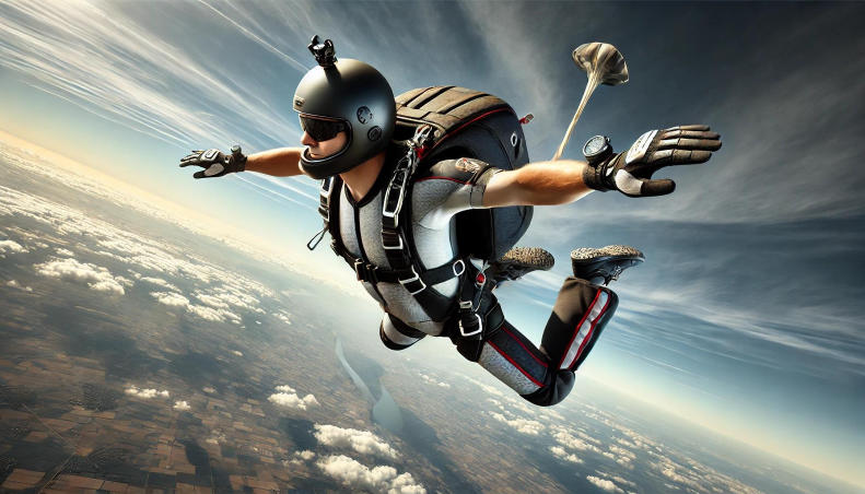 Skydiver freefalling with parachute pack, altimeter, and helmet.