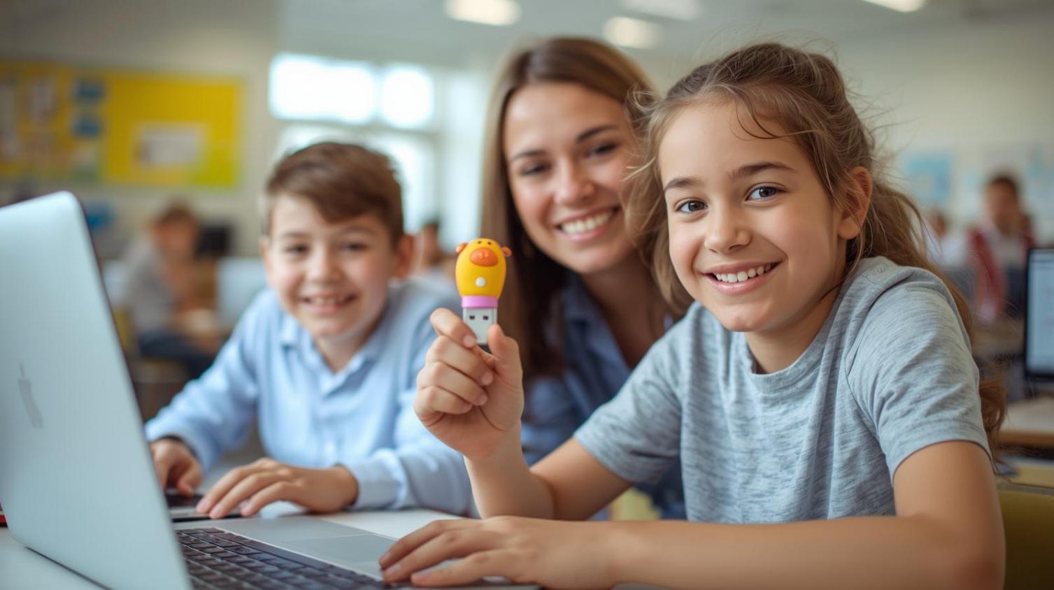 Smiling students share a colorful USB stick while collaborating on a classroom project.