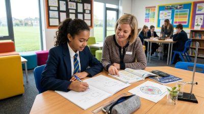 A supportive UK secondary school learning environment with a KS3 student working through a mathematics and science exercise with an educational mentor
